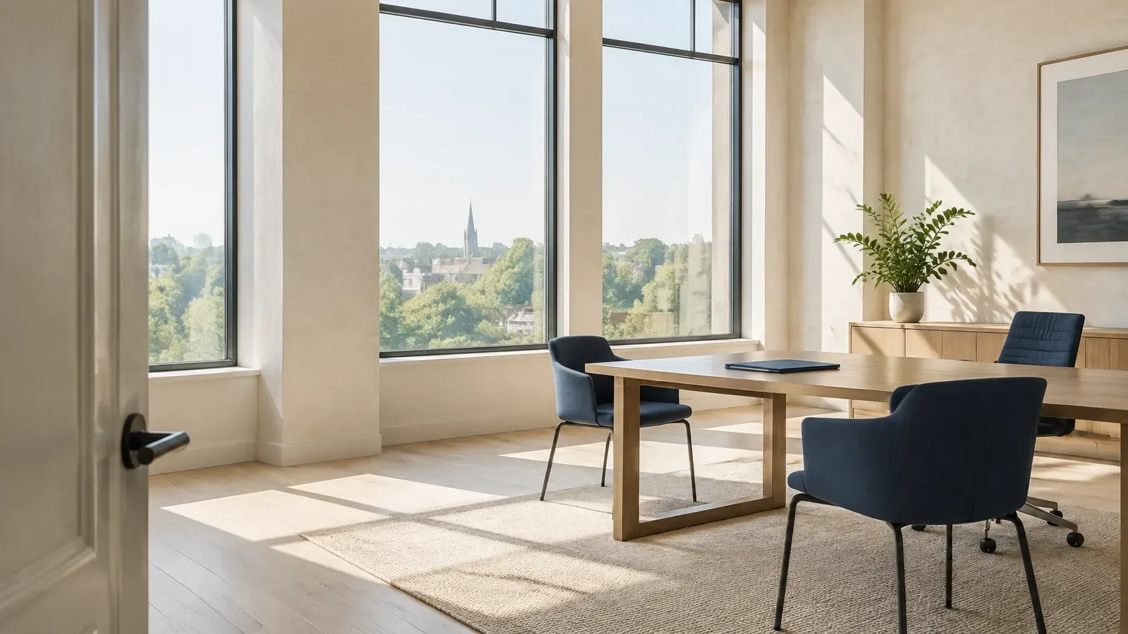 Un bureau lumineux et calme avec de grandes fenêtres, une table et des fauteuils bleu marine