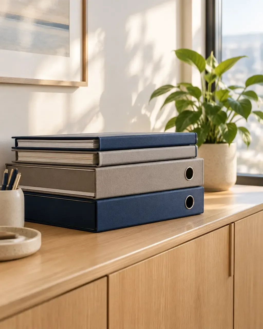 Une pile nette de classeurs bleu marine et gris sur un meuble en bois clair dans un bureau lumineux